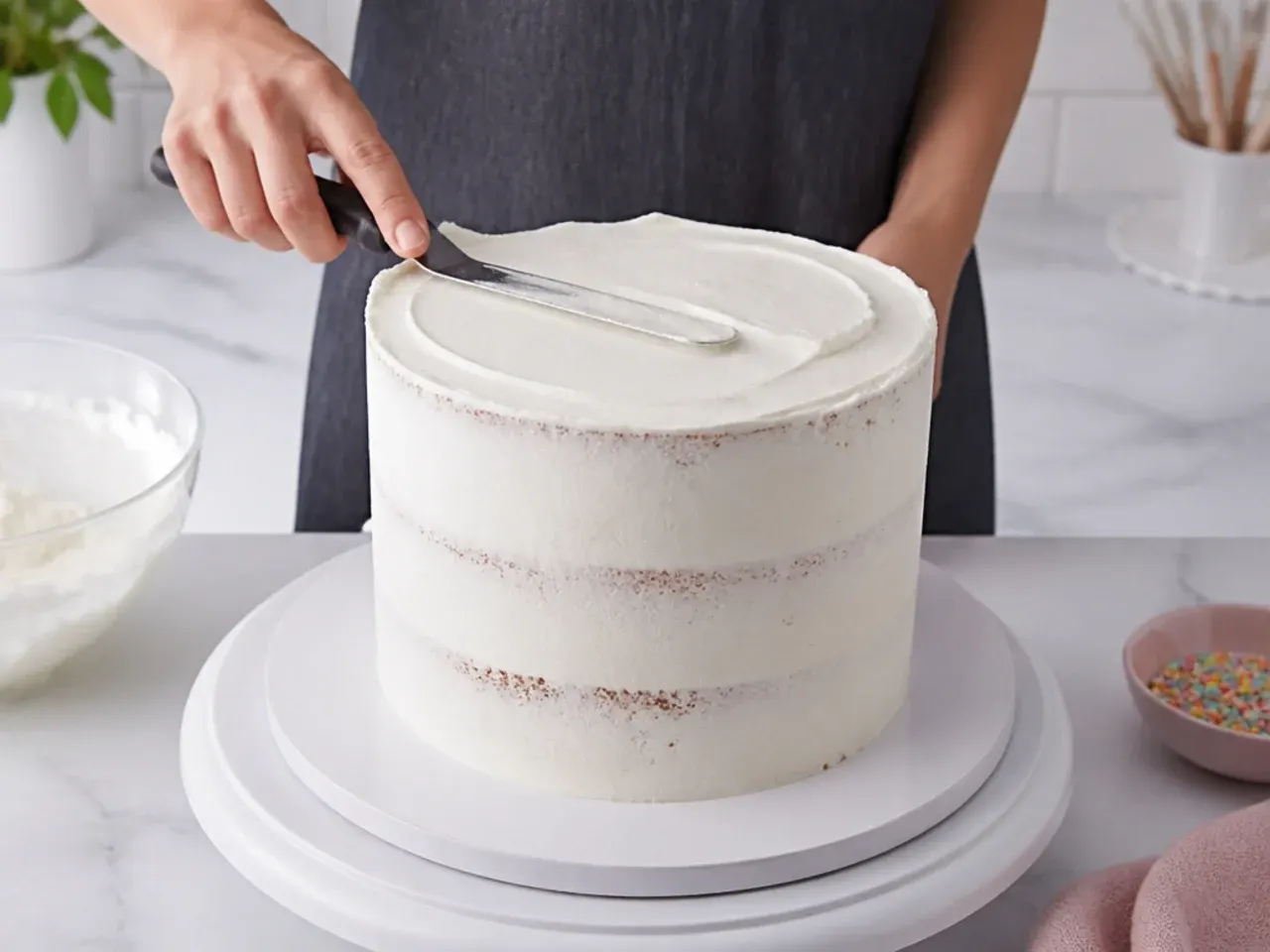 unicorn cake designs — step 6: stack, crumb coat and frost