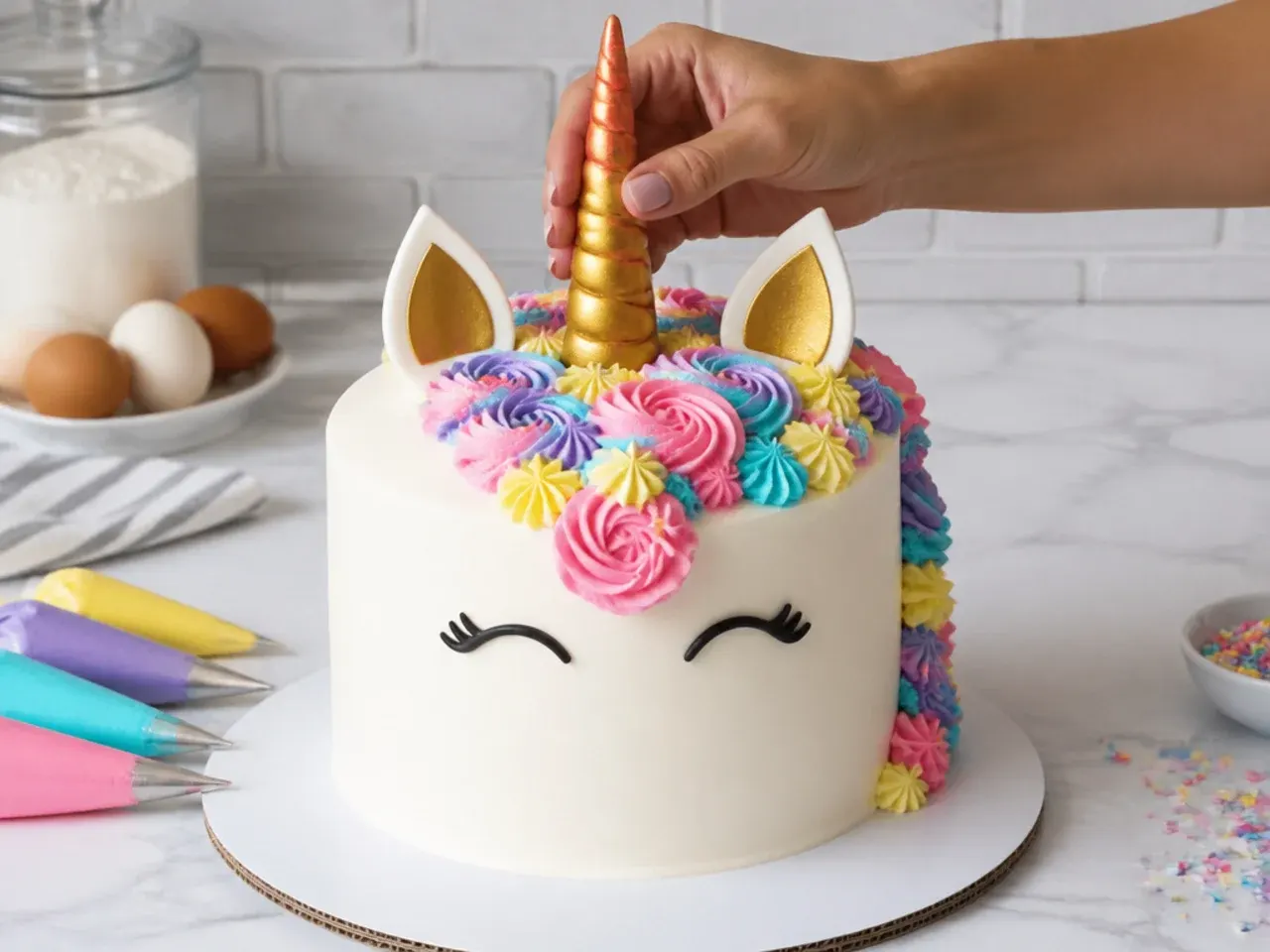 unicorn cake designs — step 7: add the horn, eyes and mane