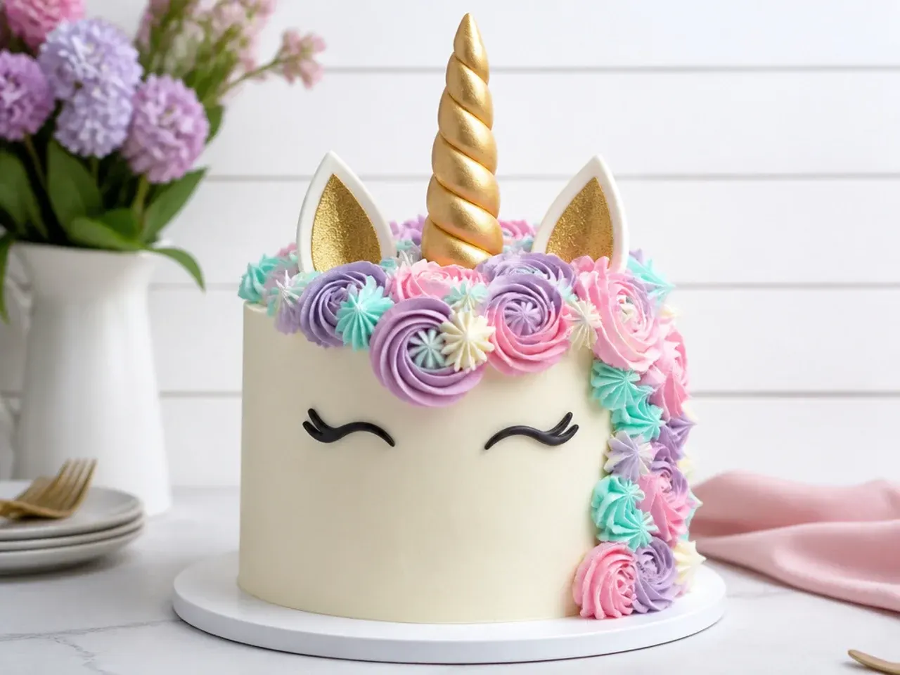 Classic pastel unicorn cake design with piped rosette mane and gold horn