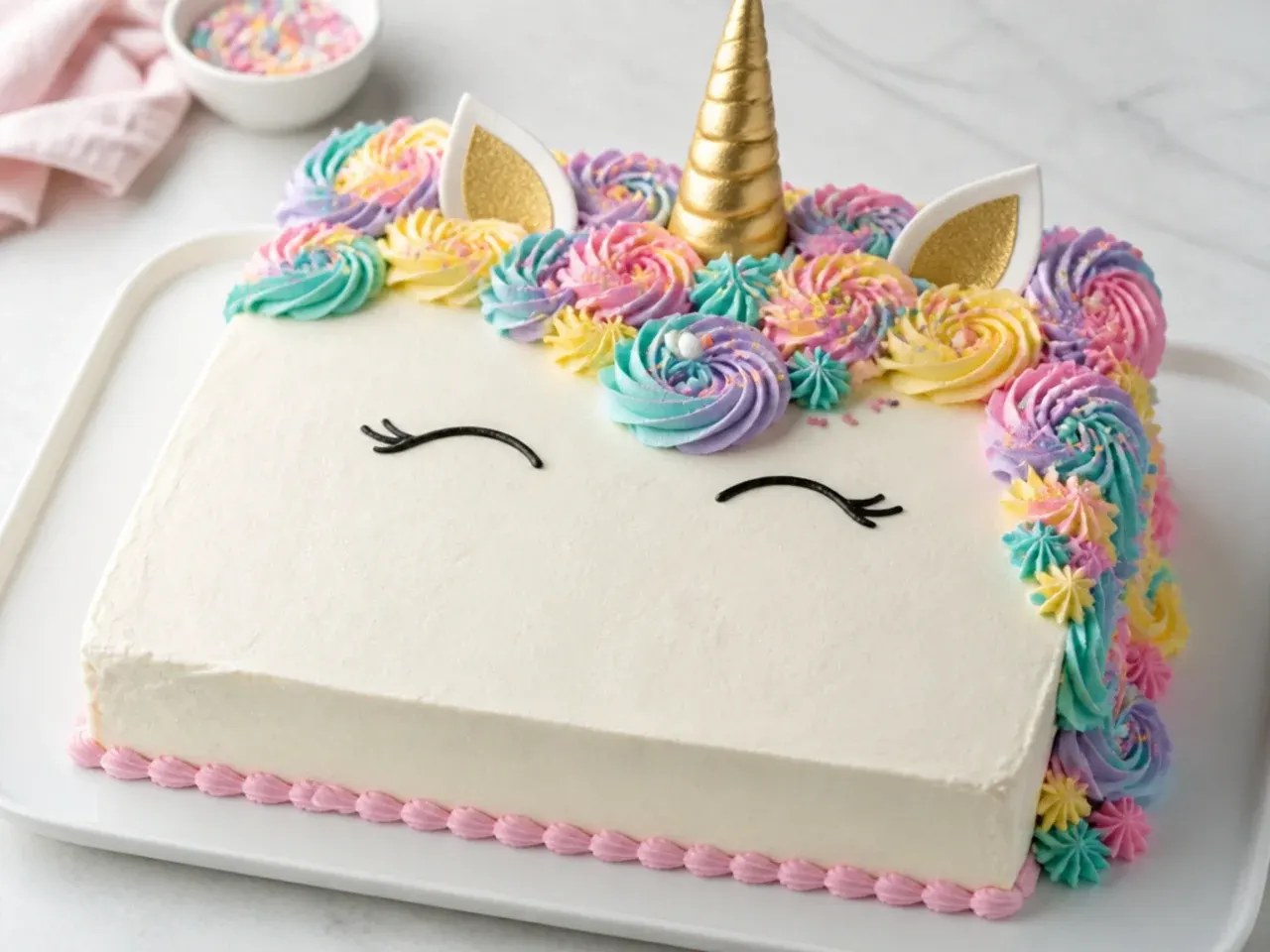 Easy unicorn cake design on a sheet cake with piped buttercream mane