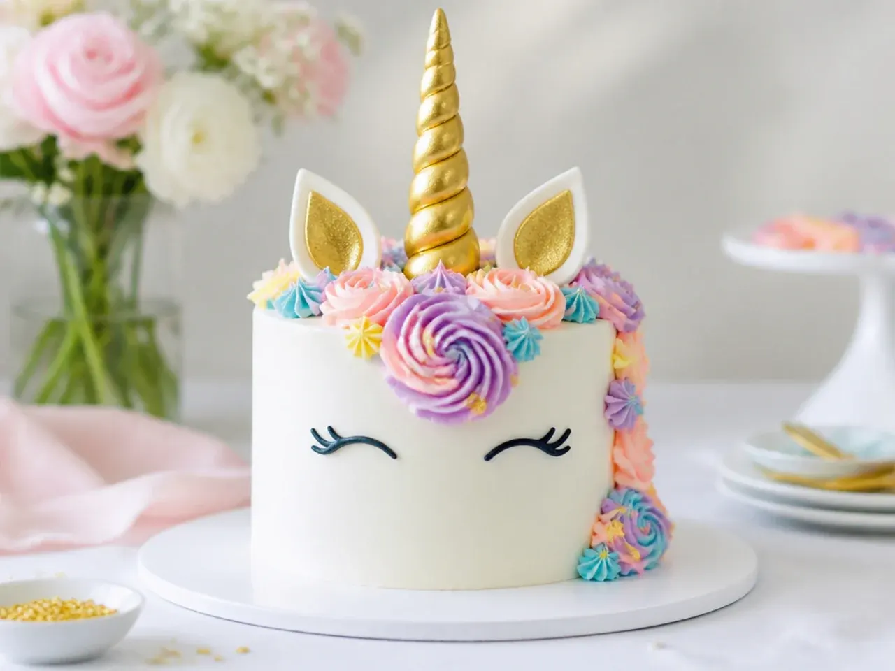 Elegant white unicorn cake design with gold leaf horn