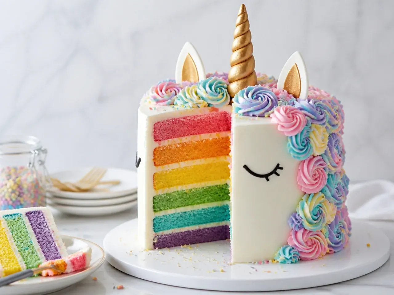 Playful unicorn cake design with hidden rainbow layers inside