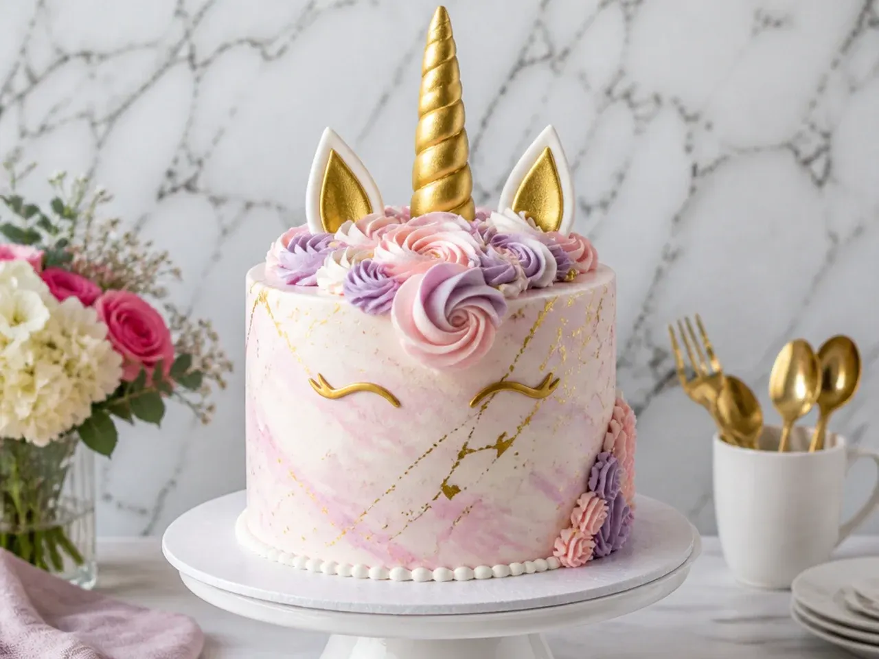Modern marble fondant unicorn cake design with gold splatter