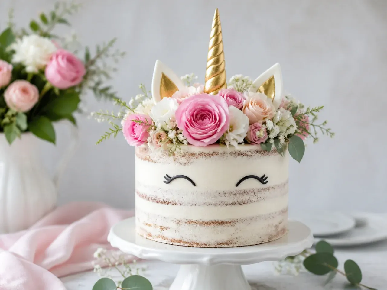 Rustic semi-naked unicorn cake design decorated with fresh flowers