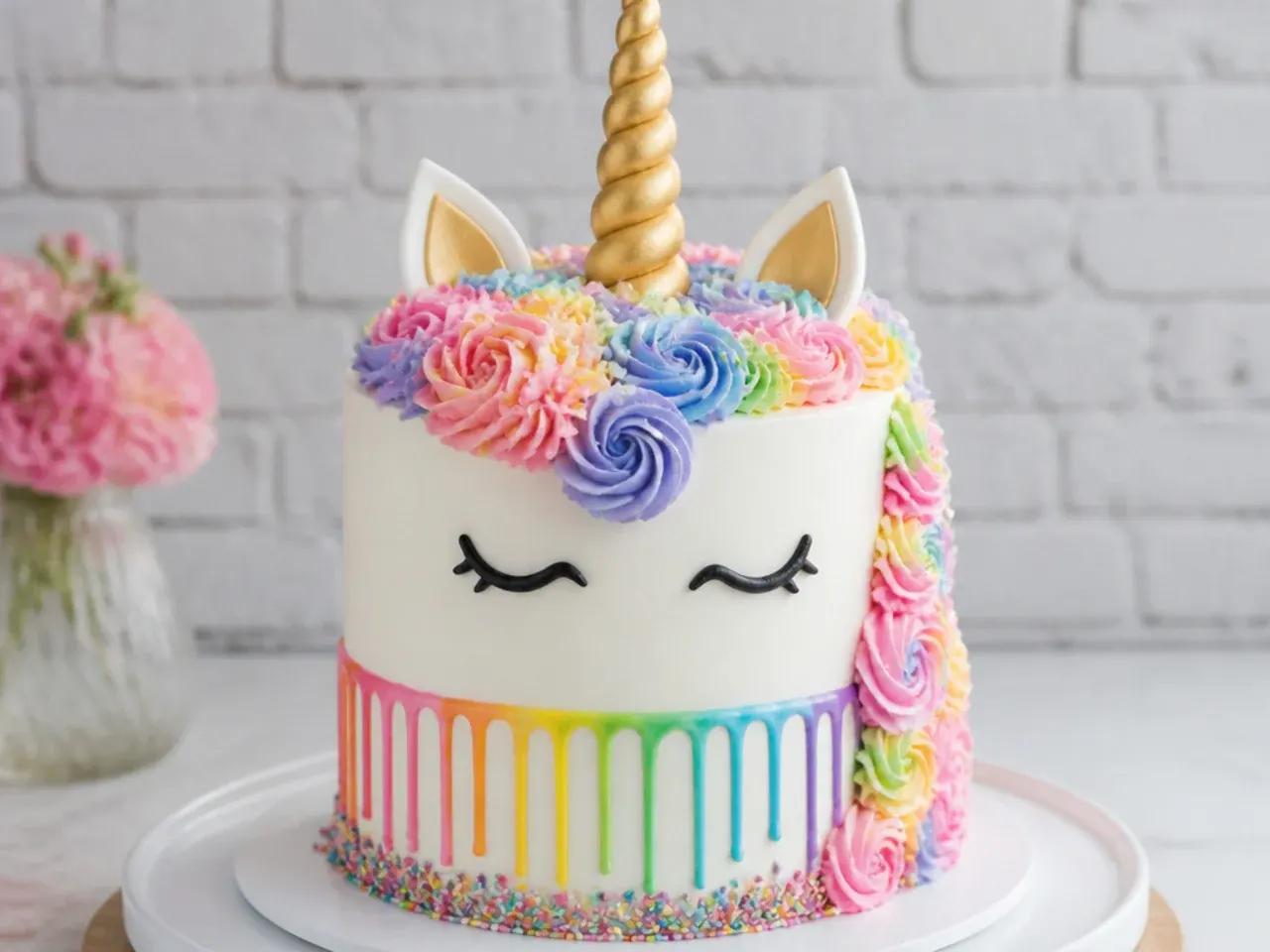 Colourful rainbow drip unicorn cake design with pastel mane