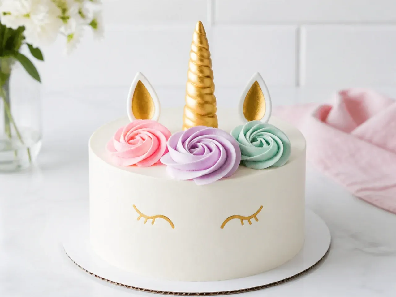 Minimal white unicorn cake design with three pastel rosettes and gold horn
