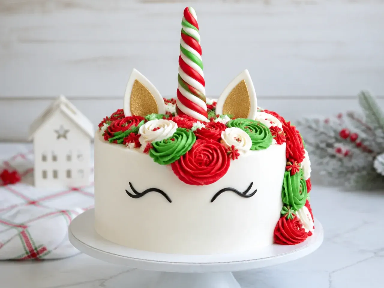 Festive Christmas unicorn cake design with candy cane horn and red and green mane