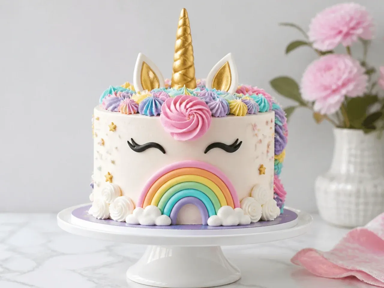 Whimsical unicorn cake design with piped clouds and fondant rainbow