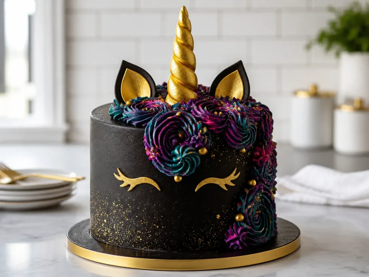 Bold black and gold unicorn cake design with jewel tone mane