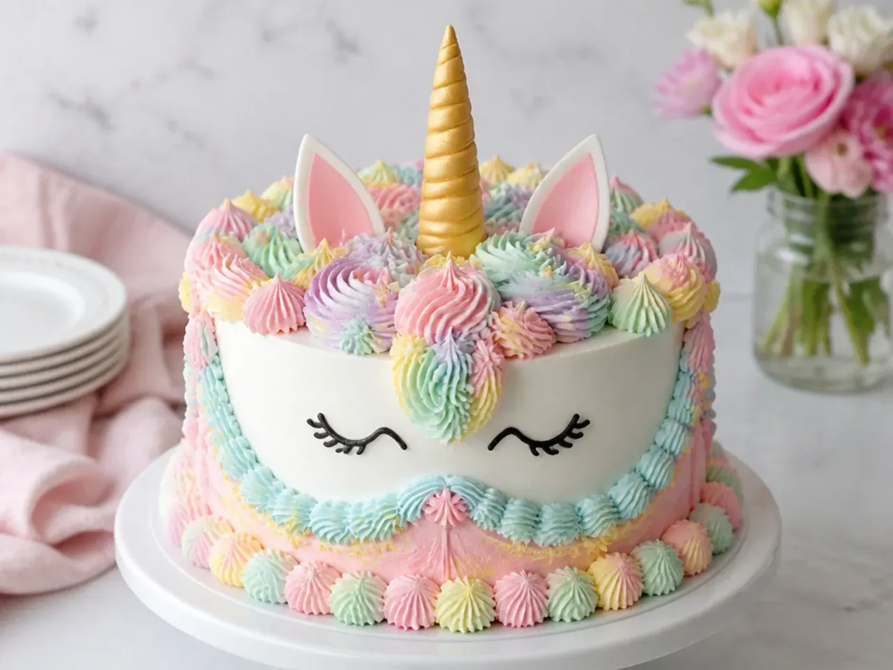 Vintage Lambeth style unicorn cake design with overpiped shell borders