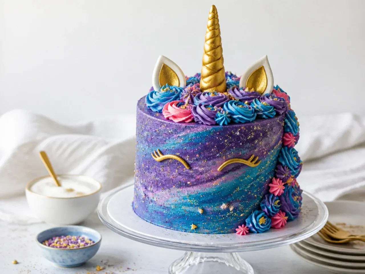 Creative galaxy unicorn cake design with nebula buttercream and star sprinkles