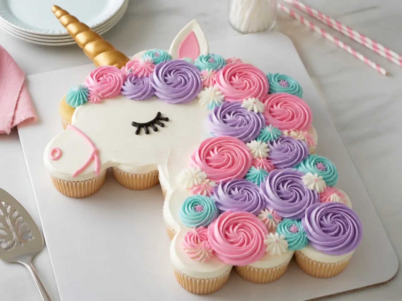 Charming unicorn cake design made from pull-apart cupcakes