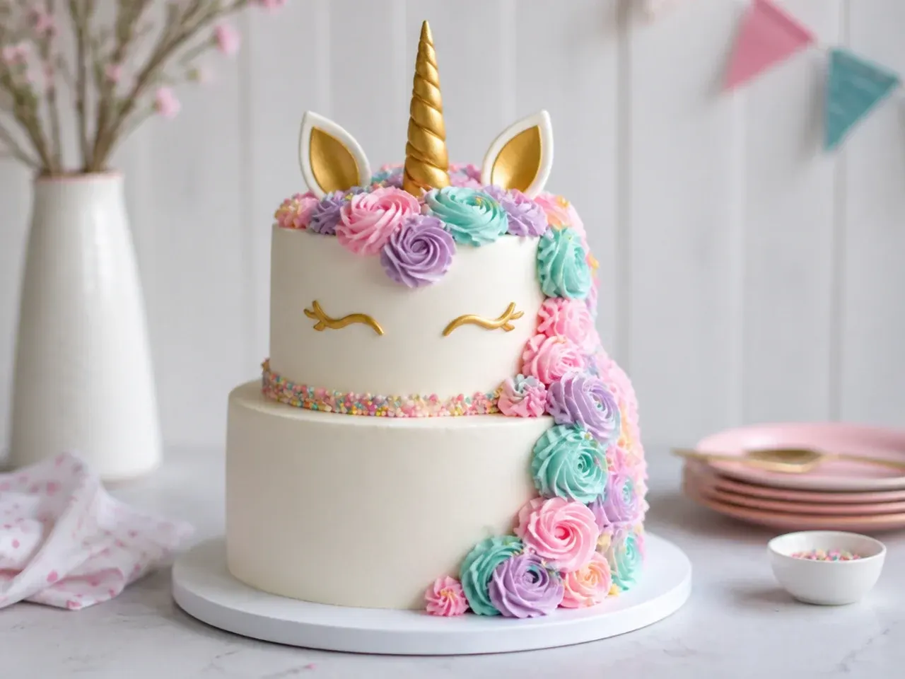 Classic two tier unicorn cake design with cascading pastel mane