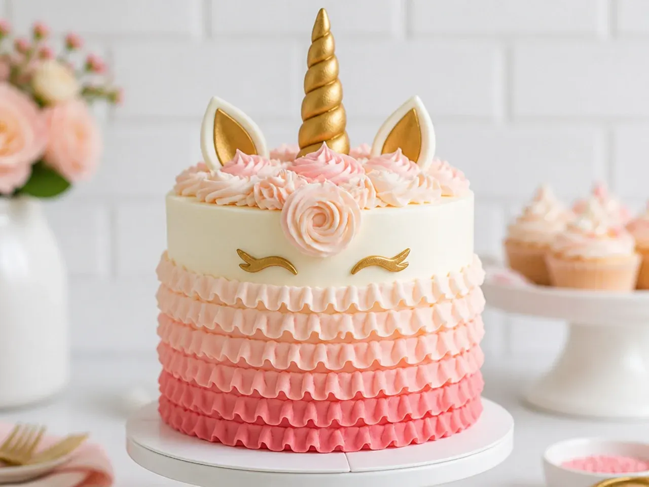 Elegant ombre ruffle unicorn cake design in blush tones