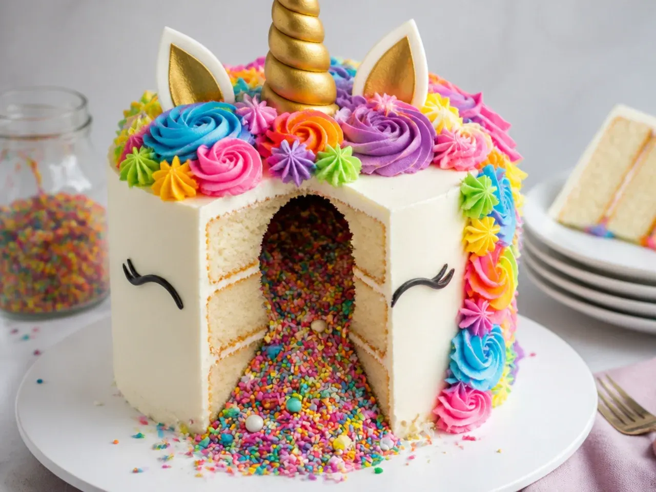 Playful pinata unicorn cake design spilling rainbow sprinkles from the centre