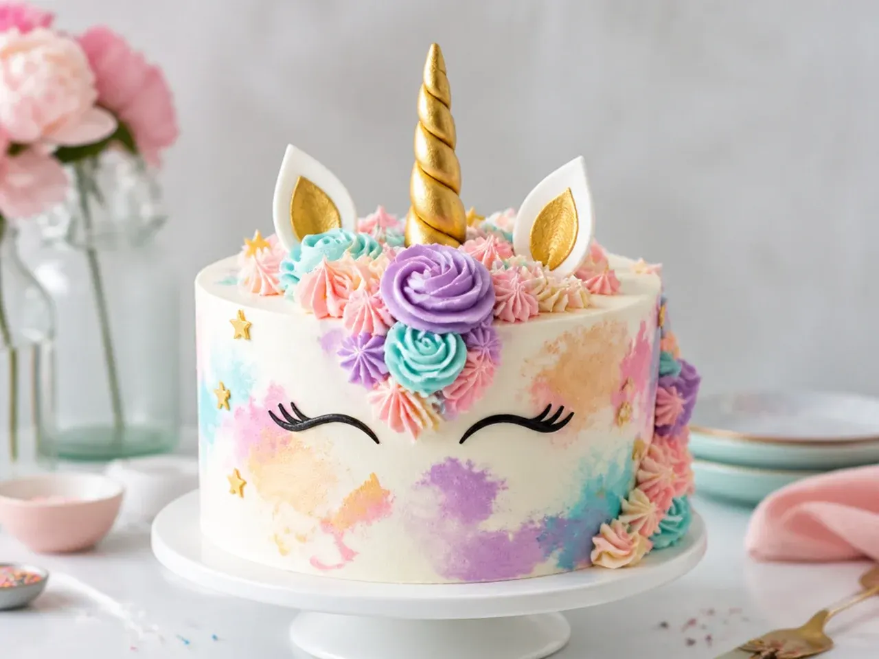 Modern watercolour buttercream unicorn cake design in pastel strokes