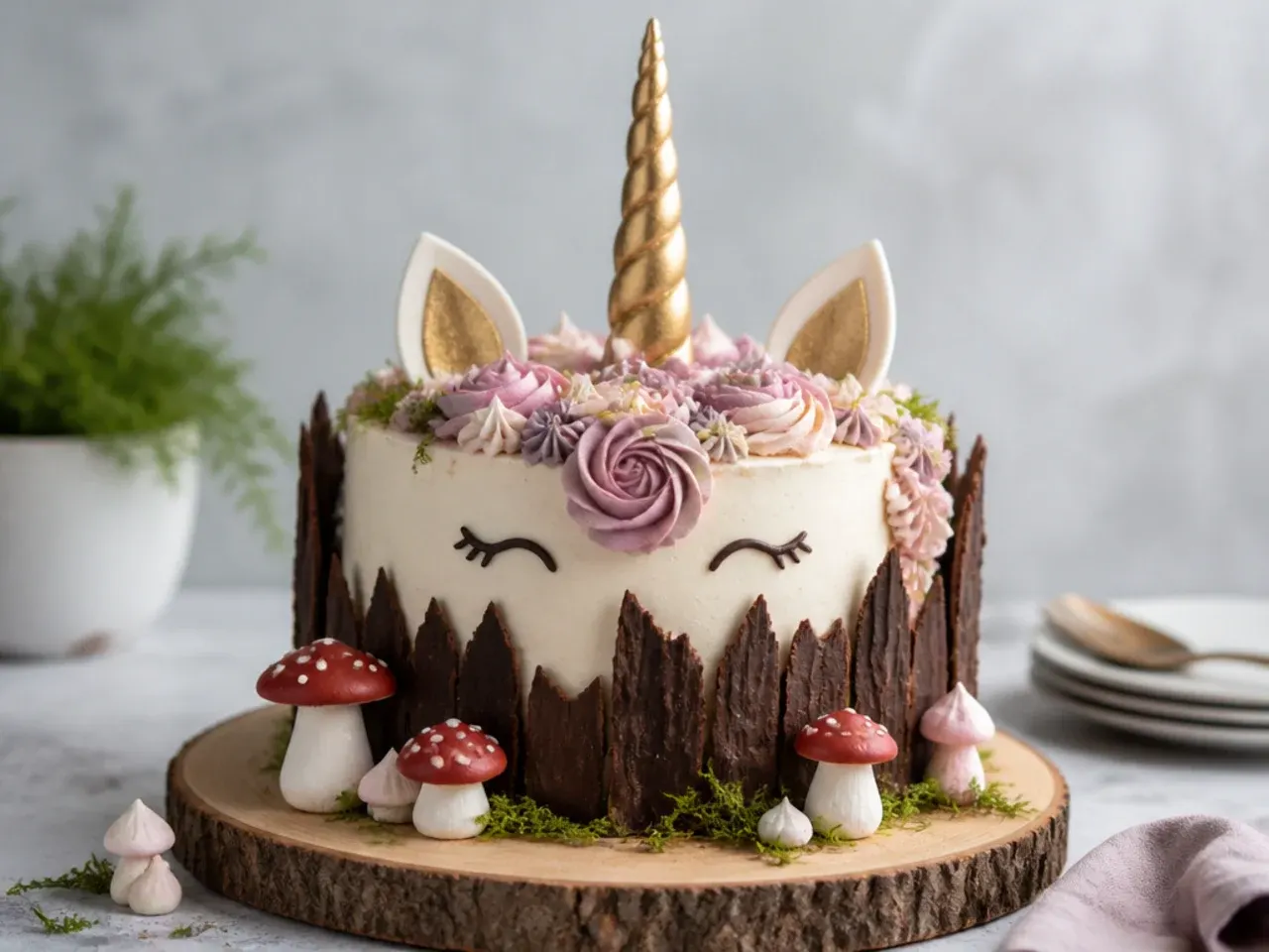Rustic woodland unicorn cake design with chocolate bark and meringue toadstools