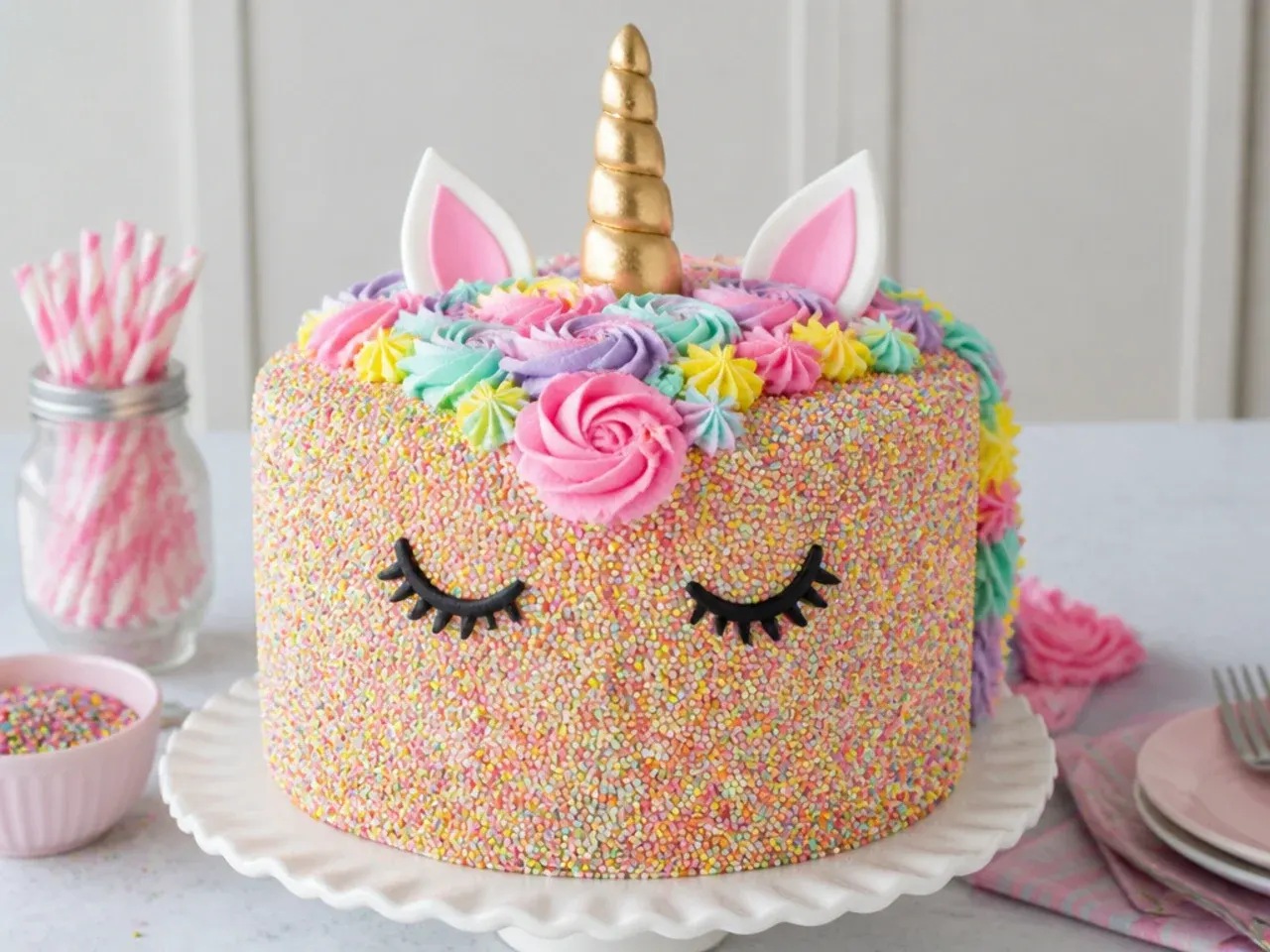 Colourful funfetti unicorn cake design fully covered in rainbow sprinkles