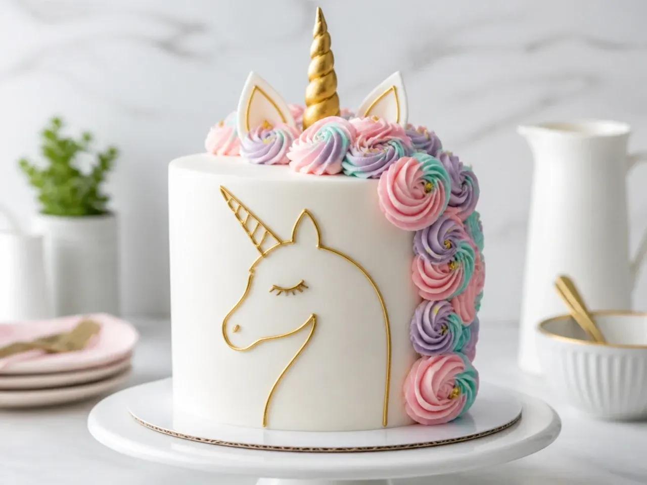 Minimal line art unicorn cake design piped on a smooth white cake