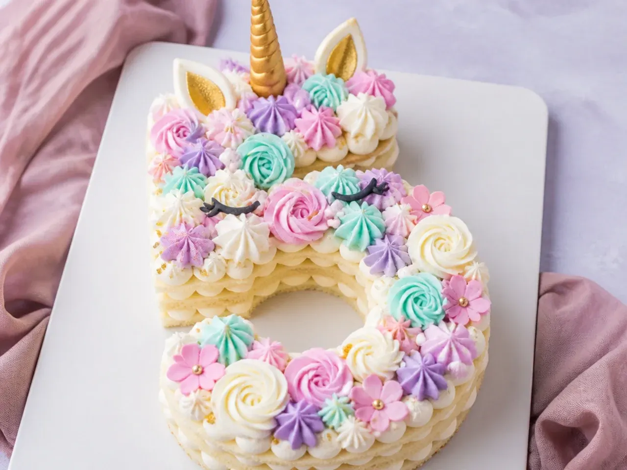 Festive number shaped unicorn cake design with pastel swirls and mini horns