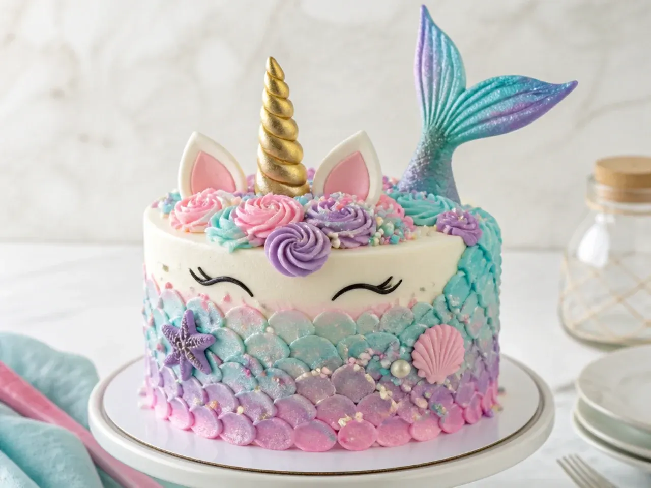 Whimsical mermicorn unicorn cake design with piped scales and pearl shimmer