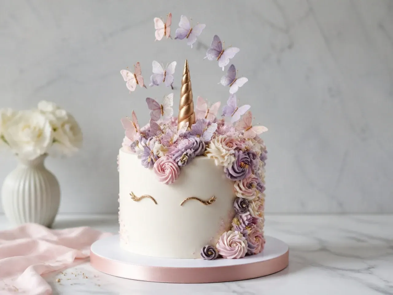 Delicate unicorn cake design with wafer paper butterflies rising to the horn