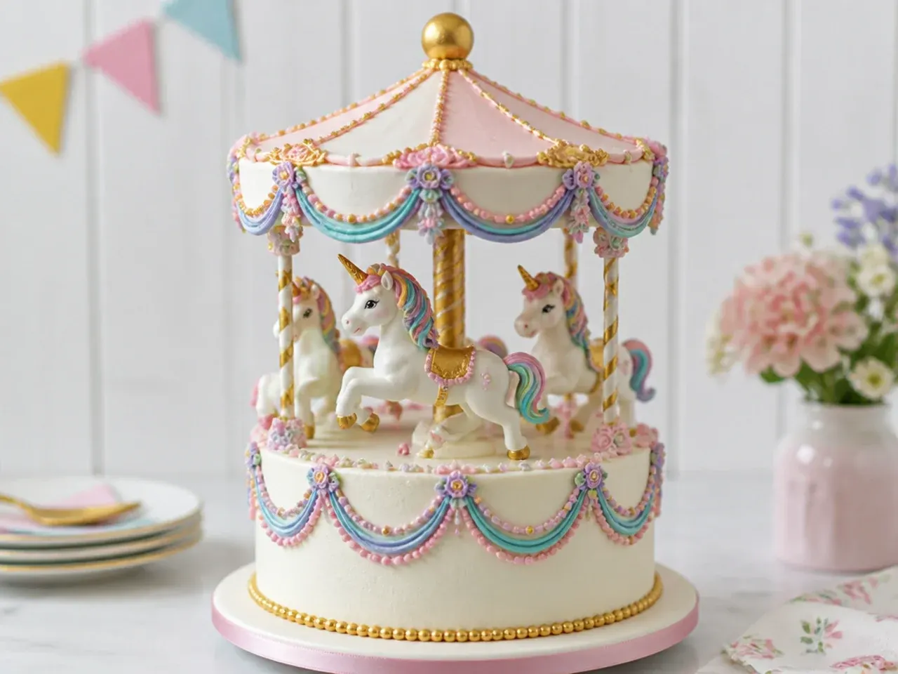 Vintage carousel style unicorn cake design with piped swags and striped pole