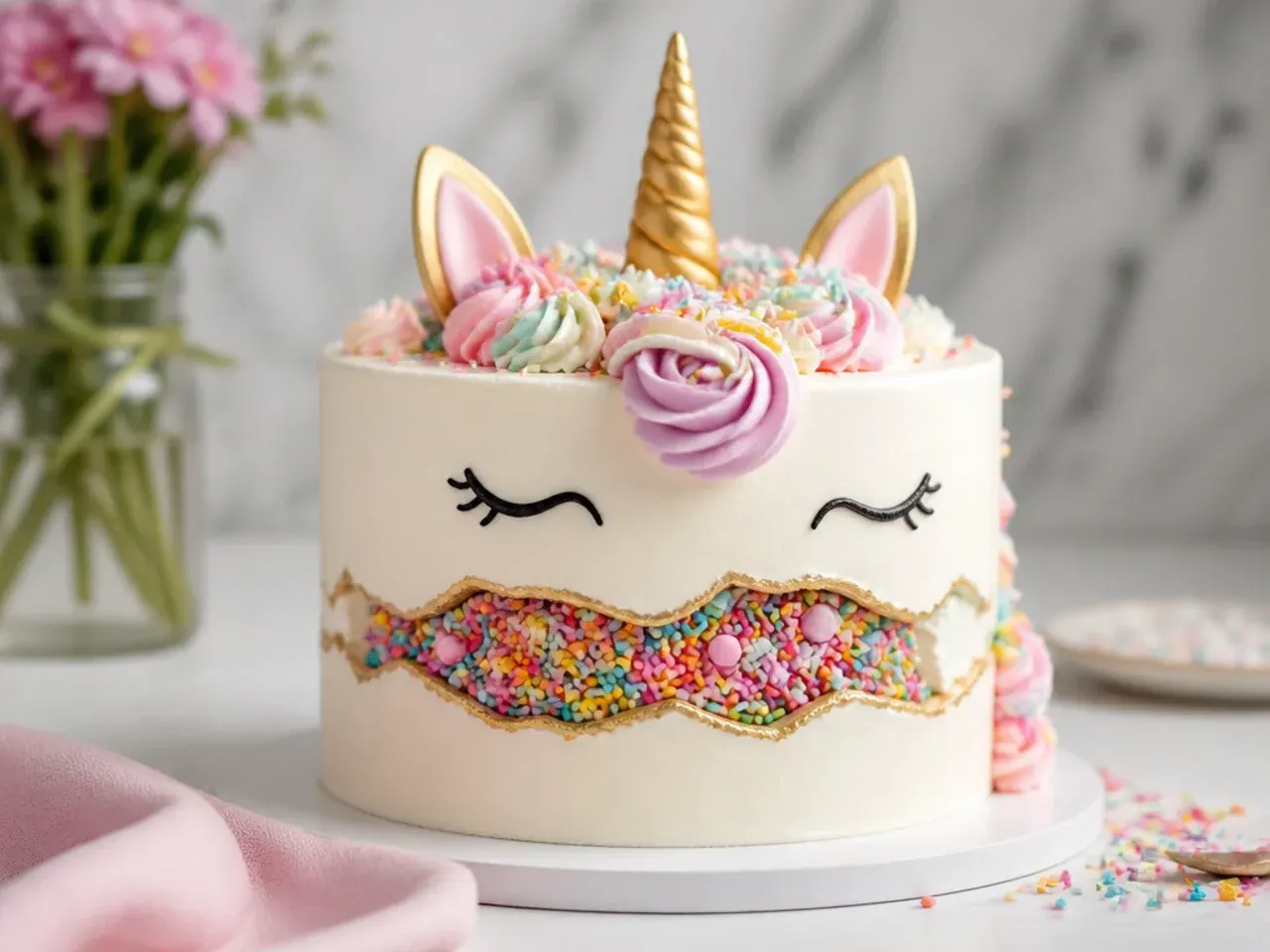 Creative fault line unicorn cake design revealing a band of rainbow sprinkles