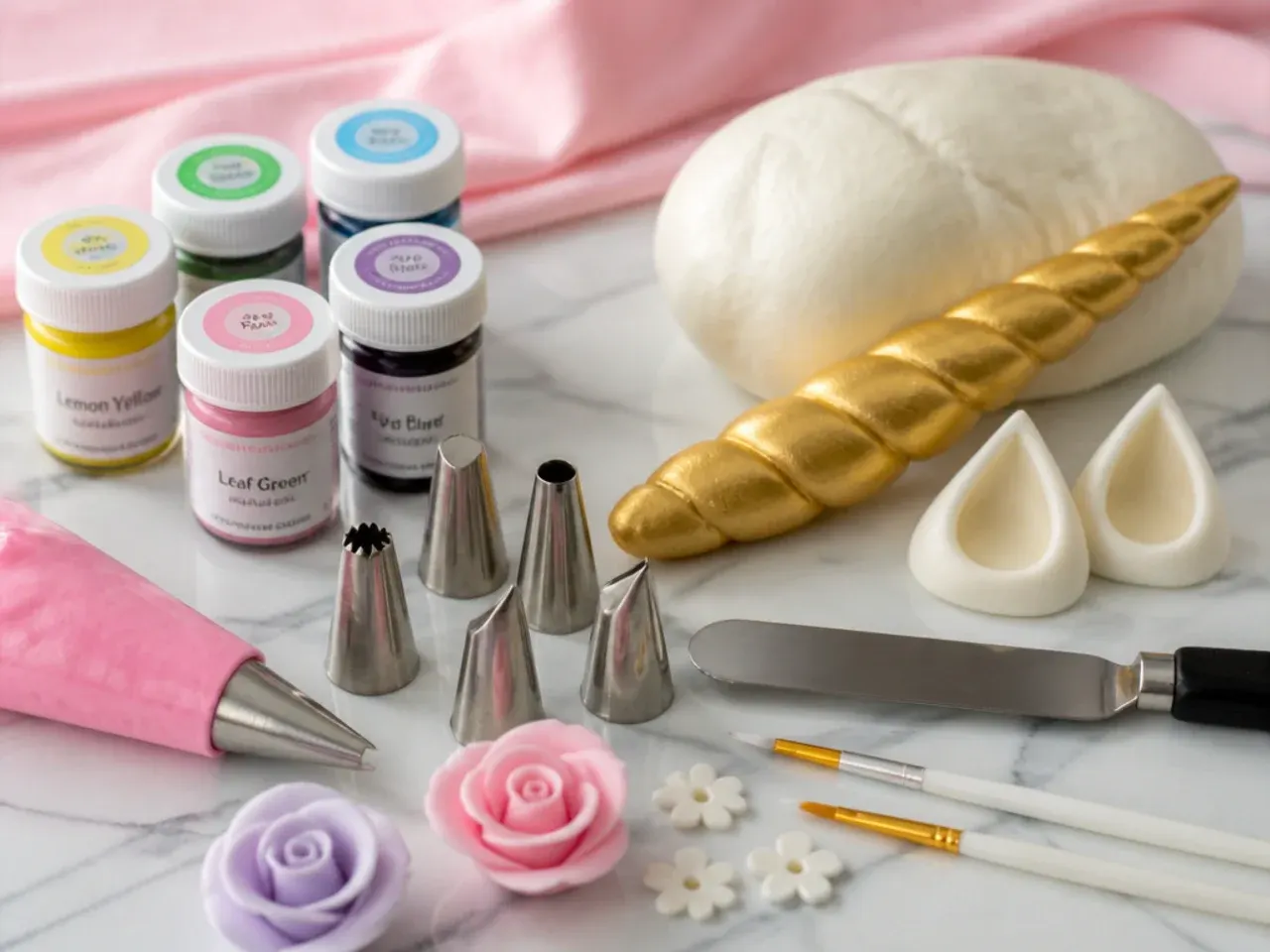 Unicorn cake design tools including piping tips gel colours and fondant horn