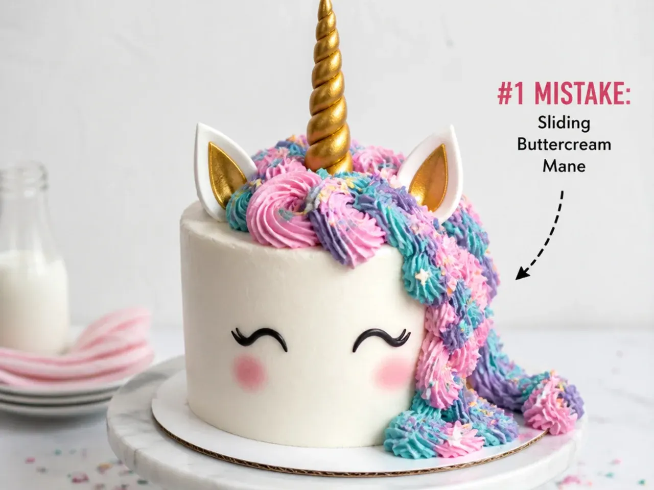 Comparison of unicorn cake design mistakes including a sliding buttercream mane