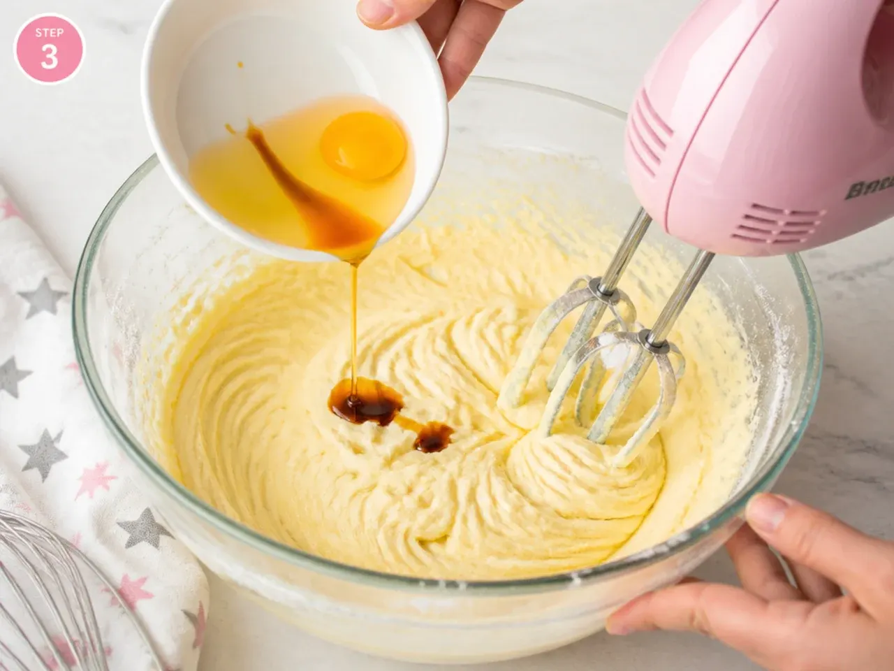 unicorn cake for girls — step 3: add eggs and vanilla