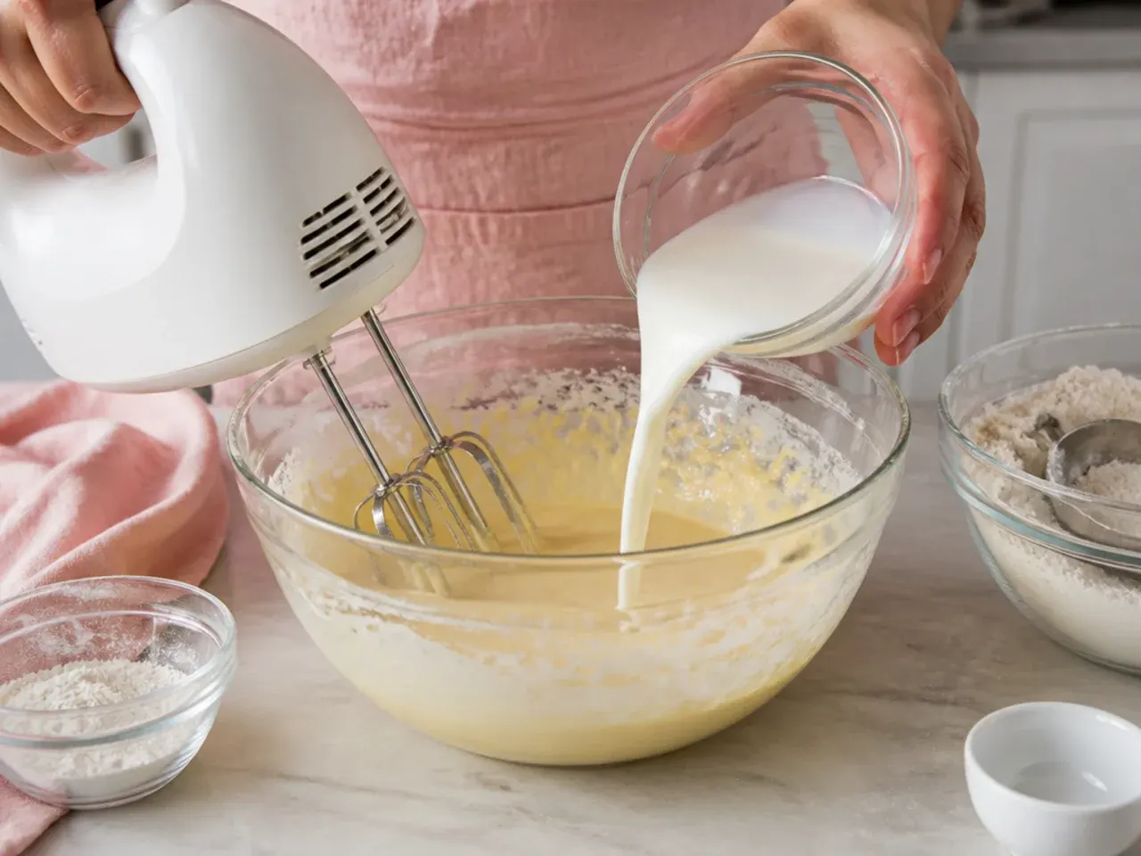 unicorn cake for girls — step 4: alternate flour and milk