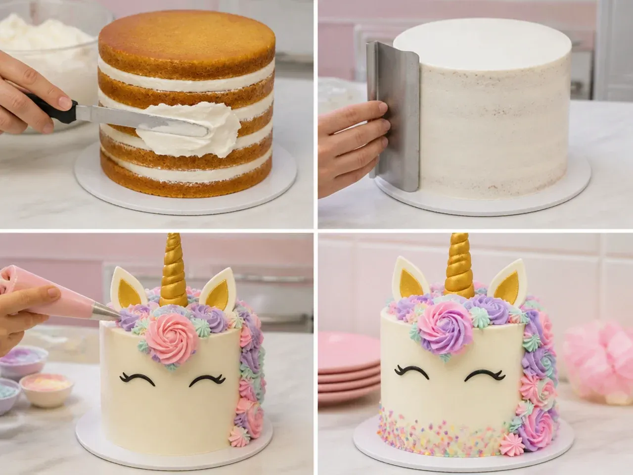 unicorn cake for girls — step 7: assemble, crumb-coat and decorate
