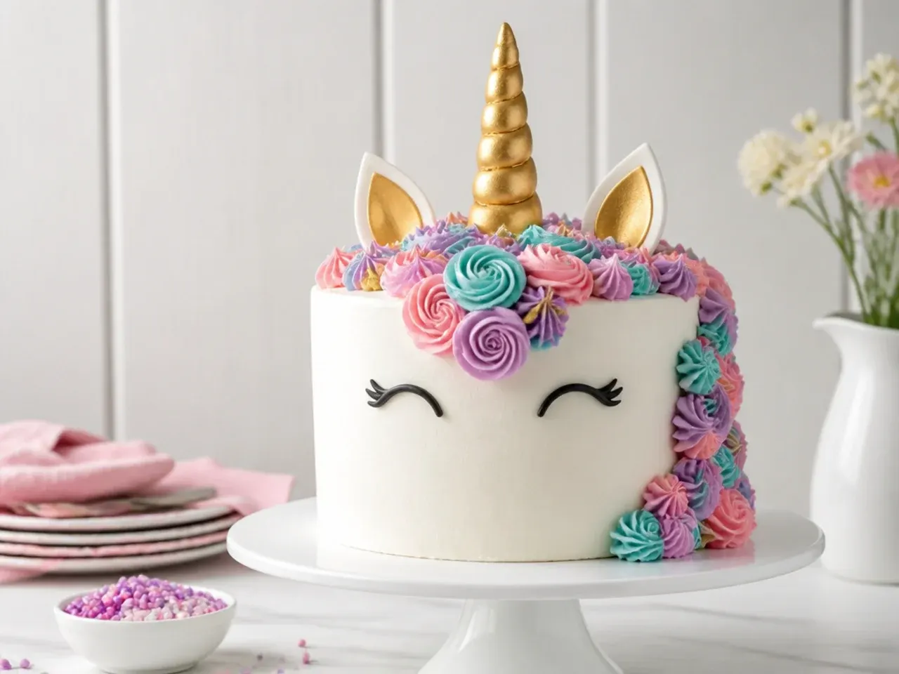 unicorn cake for girls — gold painted fondant horn unicorn cake