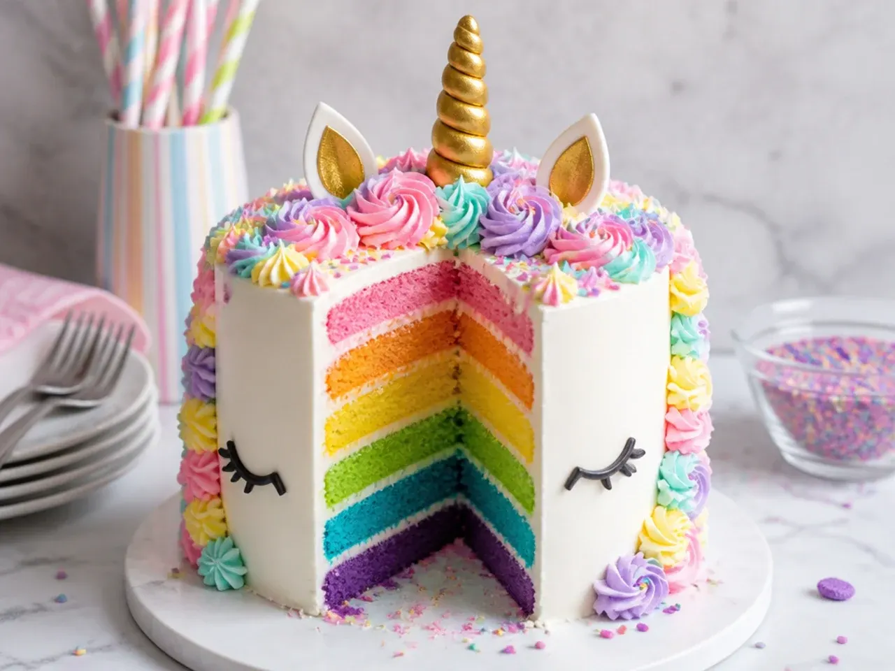 unicorn cake for girls — rainbow layer surprise unicorn cake