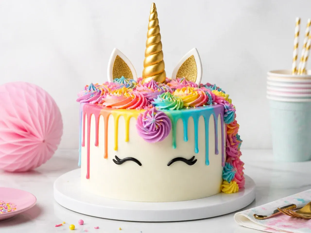 unicorn cake for girls — rainbow drip unicorn cake