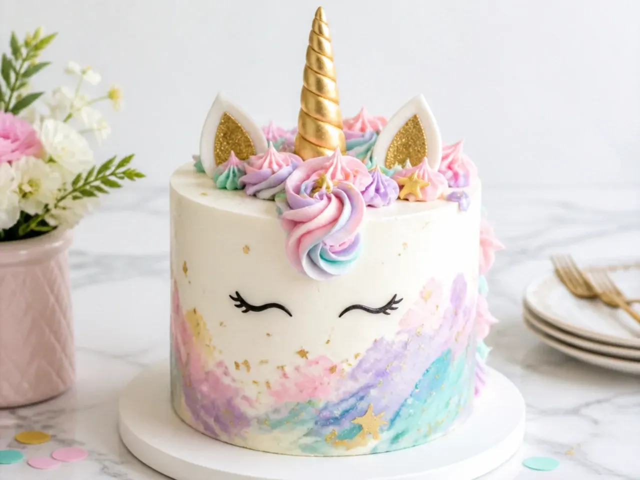 unicorn cake for girls — delicate watercolor unicorn cake