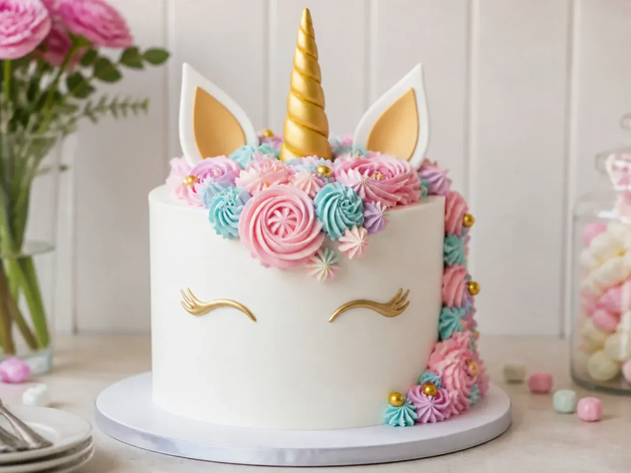 unicorn cake for girls — classic white-and-gold unicorn cake