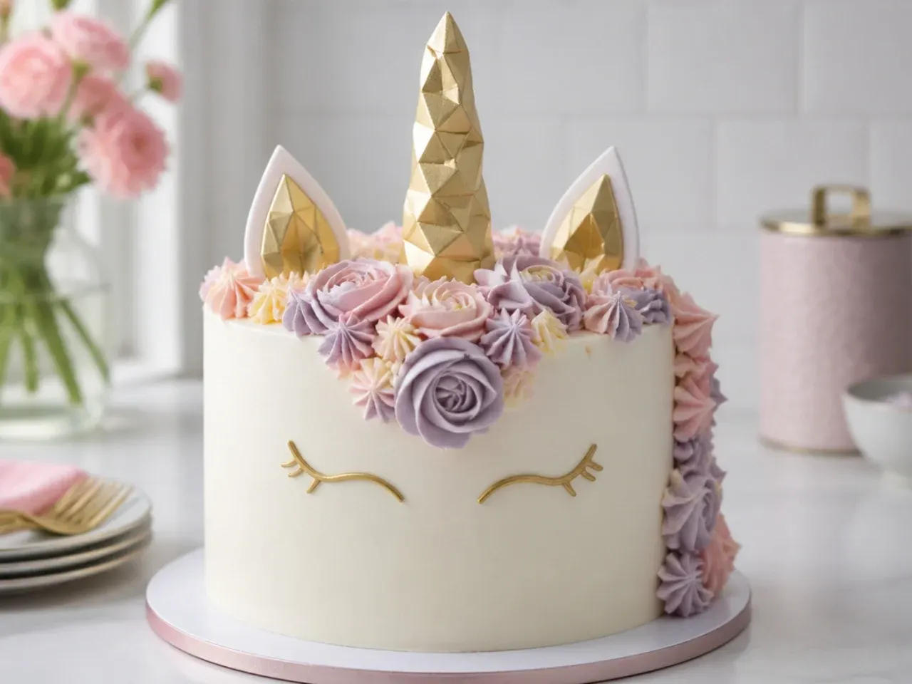 unicorn cake for girls — modern geometric gold unicorn cake