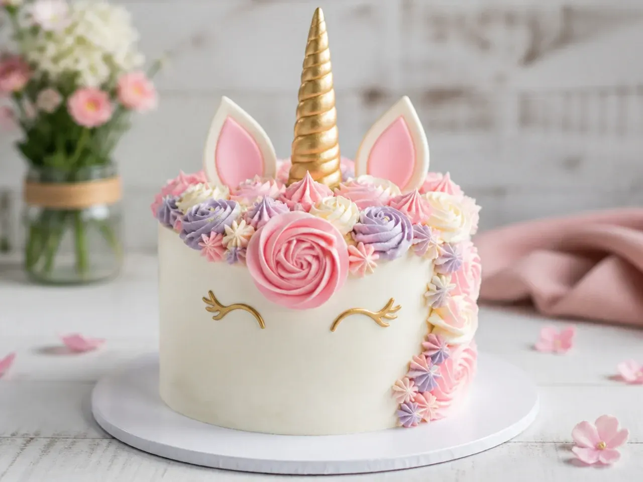 unicorn cake for girls — rustic buttercream flower unicorn cake
