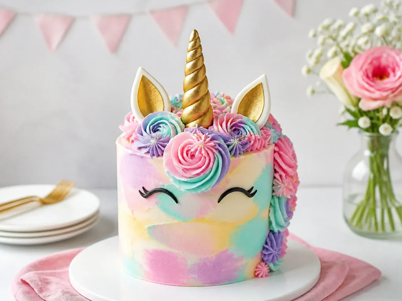 unicorn cake for girls — colorful tie-dye buttercream unicorn cake