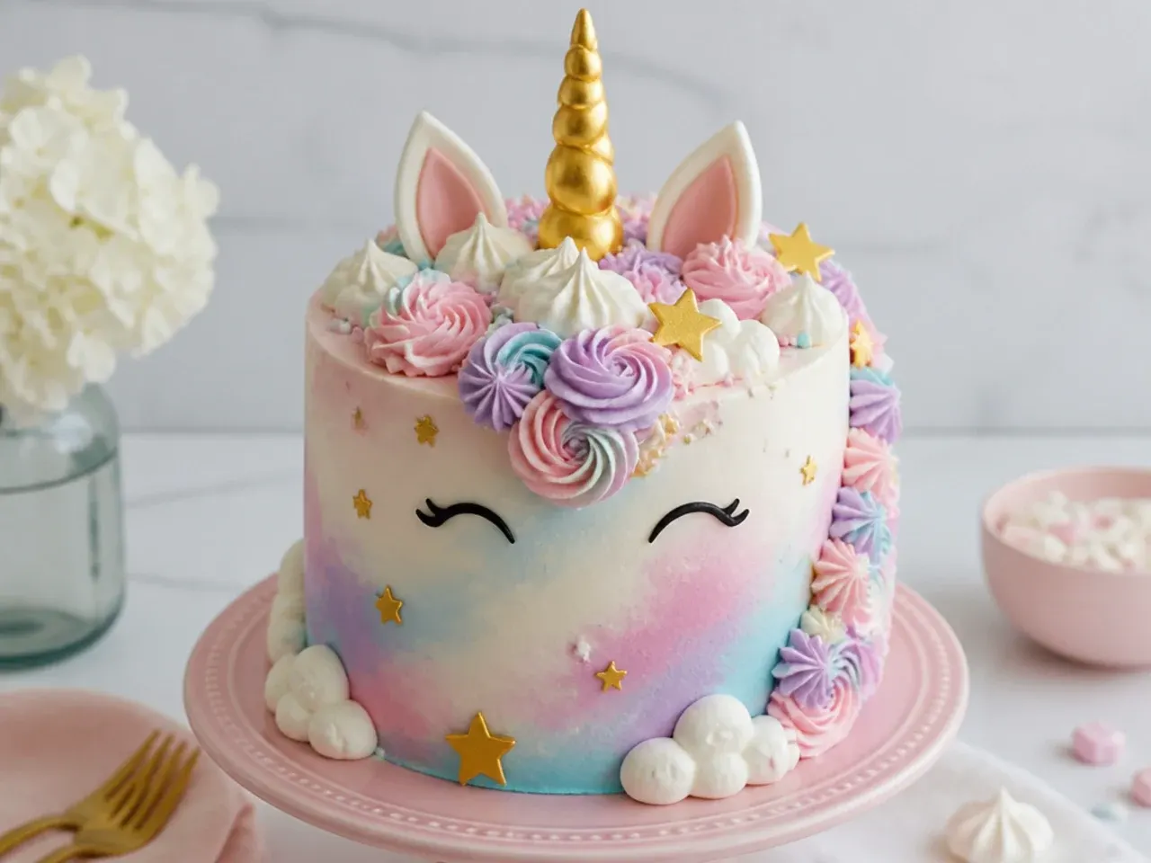 unicorn cake for girls — whimsical cloud-and-star unicorn cake