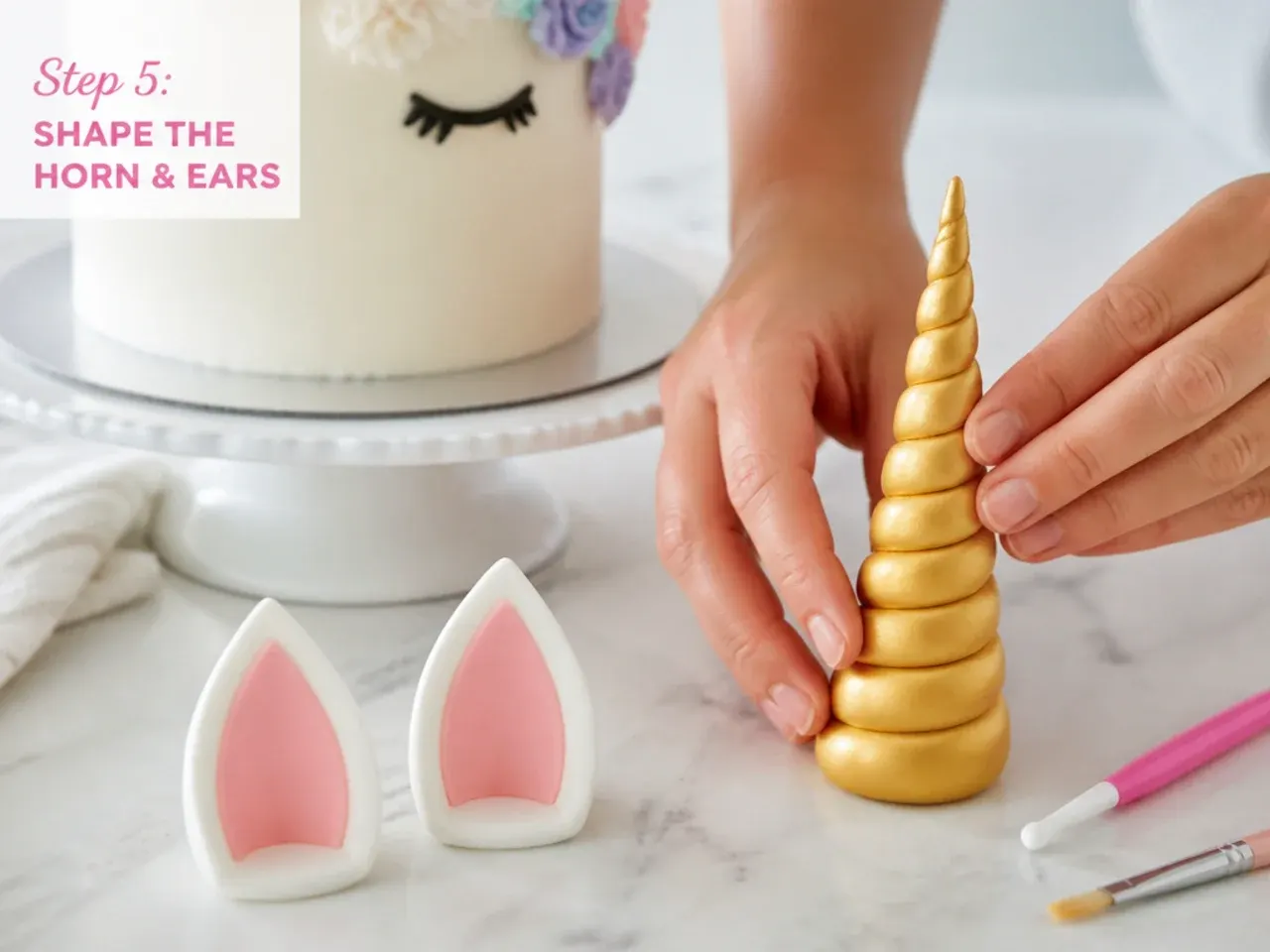 unicorn cake ideas — step 5: shape the horn and ears