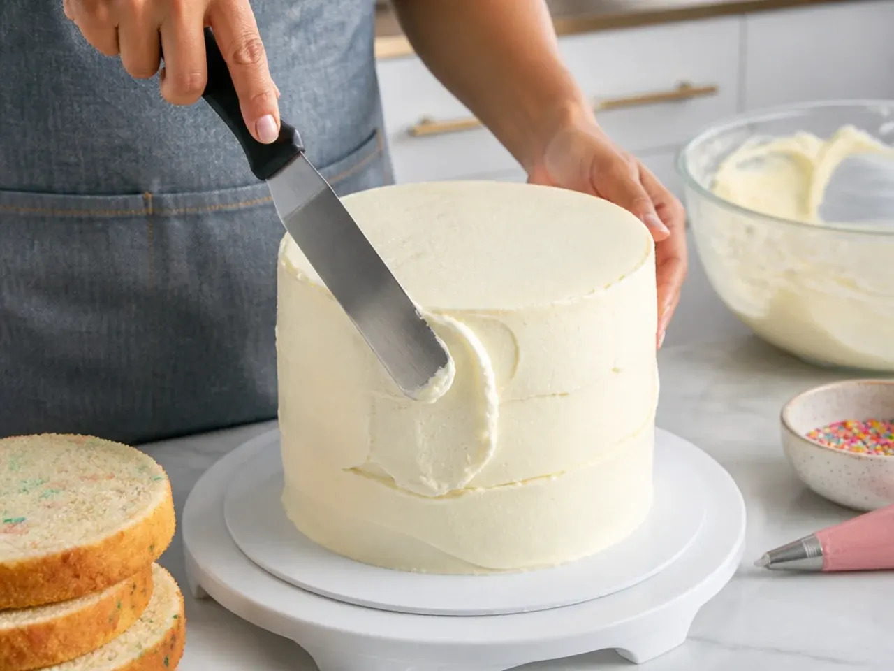 unicorn cake ideas — step 6: stack, fill and coat the cake