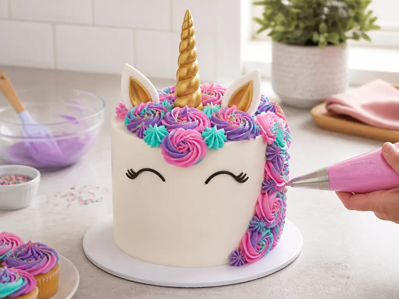unicorn cake ideas — step 7: pipe the mane and finish