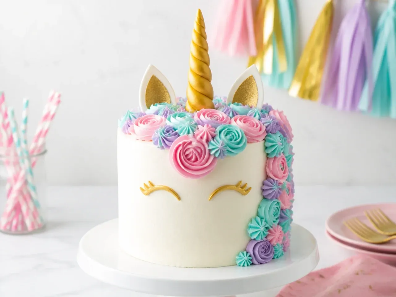 Classic unicorn birthday cake with pastel rosette mane and gold fondant horn