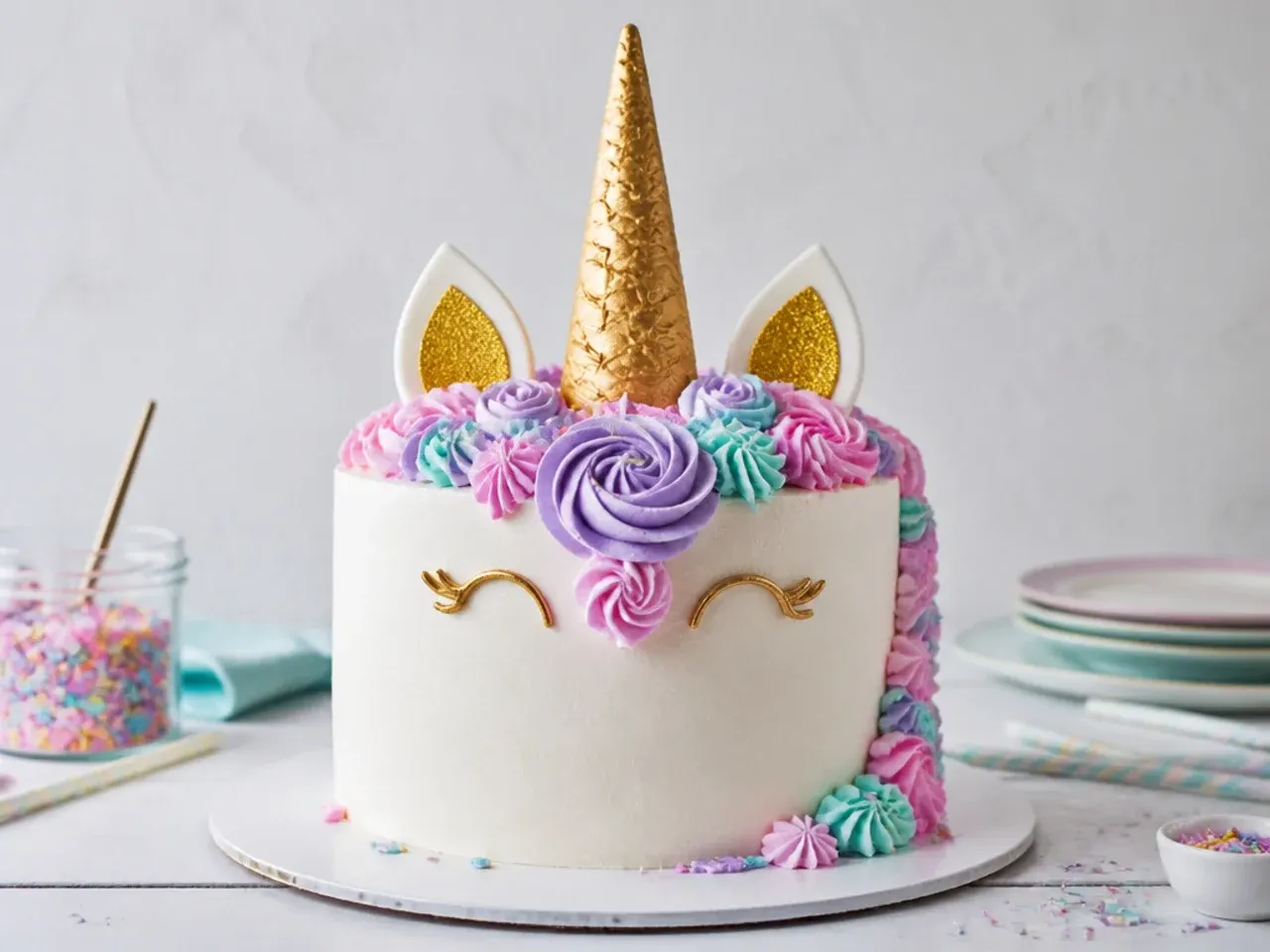 Easy unicorn cake idea with gold ice cream cone horn and marshmallow ears