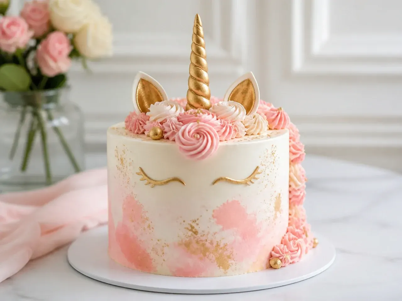 Elegant blush and gold watercolour unicorn cake design