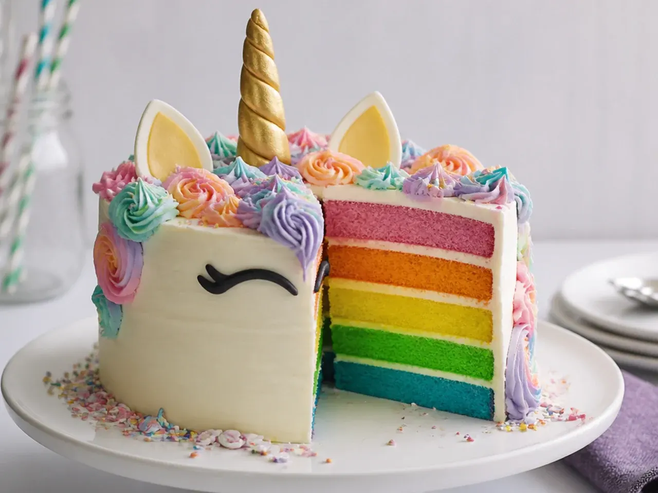 Rainbow unicorn cake with six hidden coloured layers inside