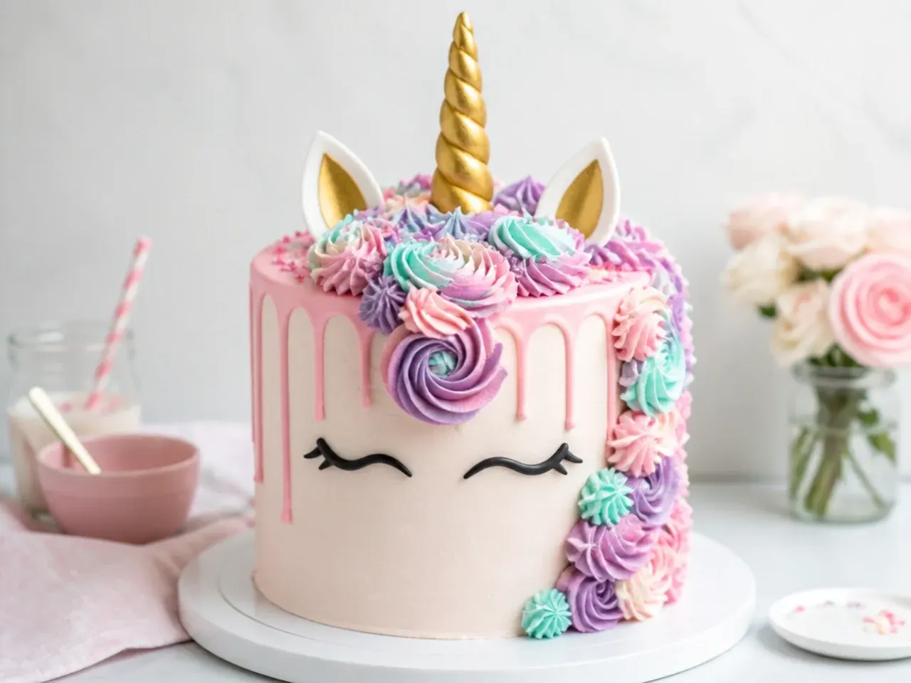Modern pastel pink drip unicorn cake with buttercream mane